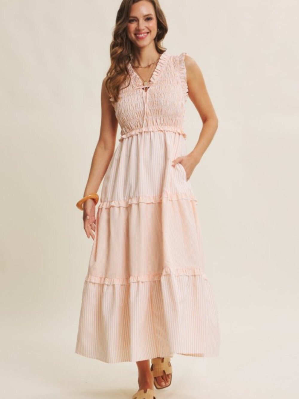 Uplifting Mixed Stripe Smocked Midi Dress